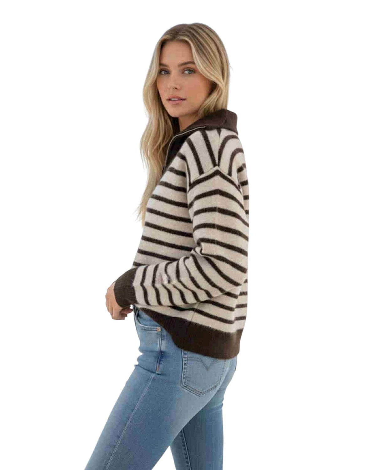 'Lateisha' Stripe Quarter Zip Knit - Choc/Beige