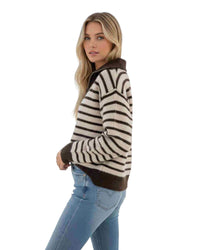 'Lateisha' Stripe Quarter Zip Knit - Choc/Beige