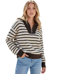 'Lateisha' Stripe Quarter Zip Knit - Choc/Beige