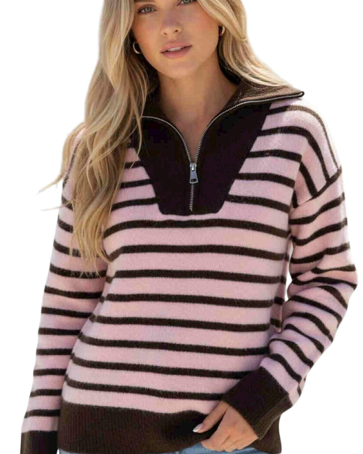 'Lateisha' Stripe Quarter Zip Knit - Choc/Pink