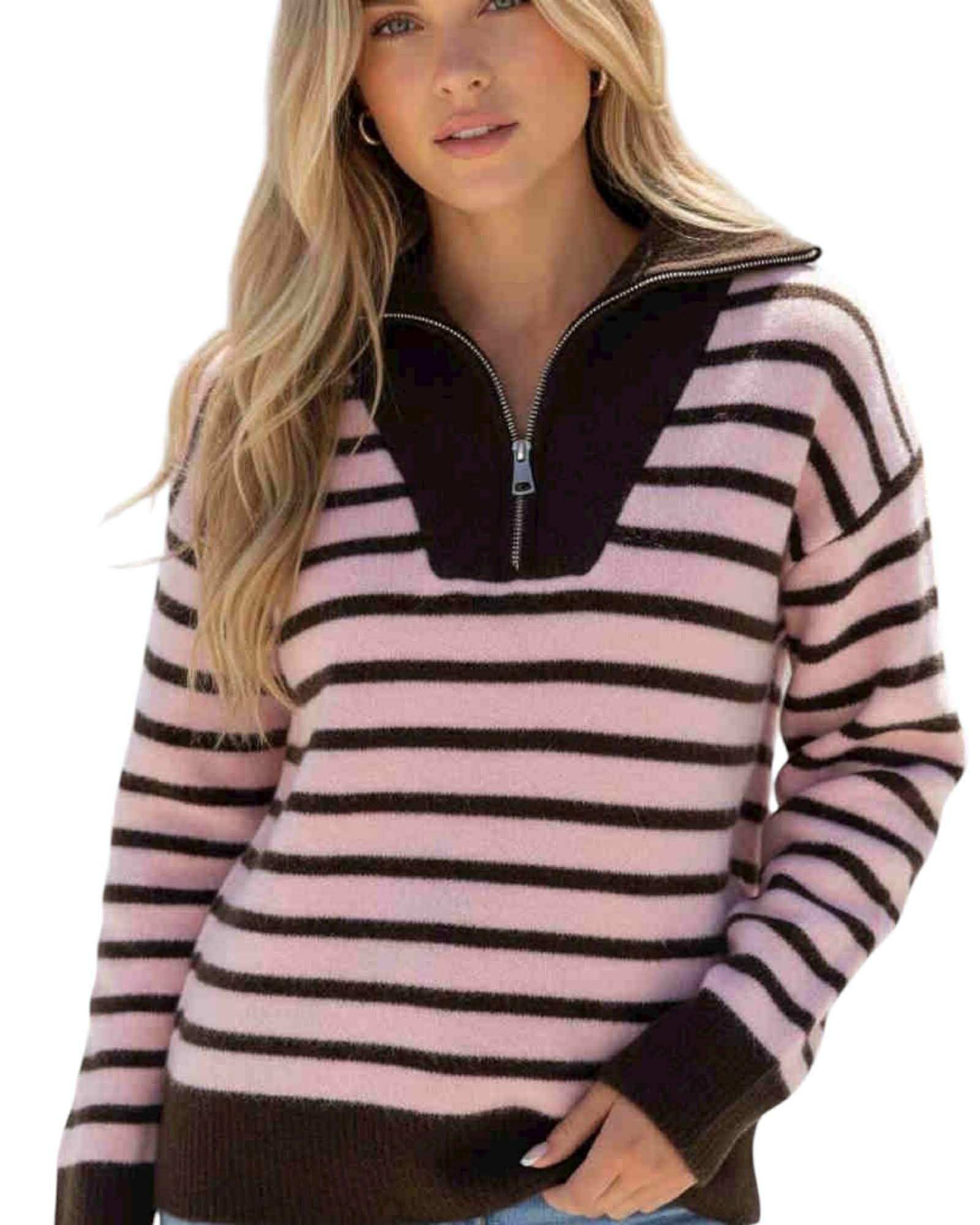 'Lateisha' Stripe Quarter Zip Knit - Choc/Pink