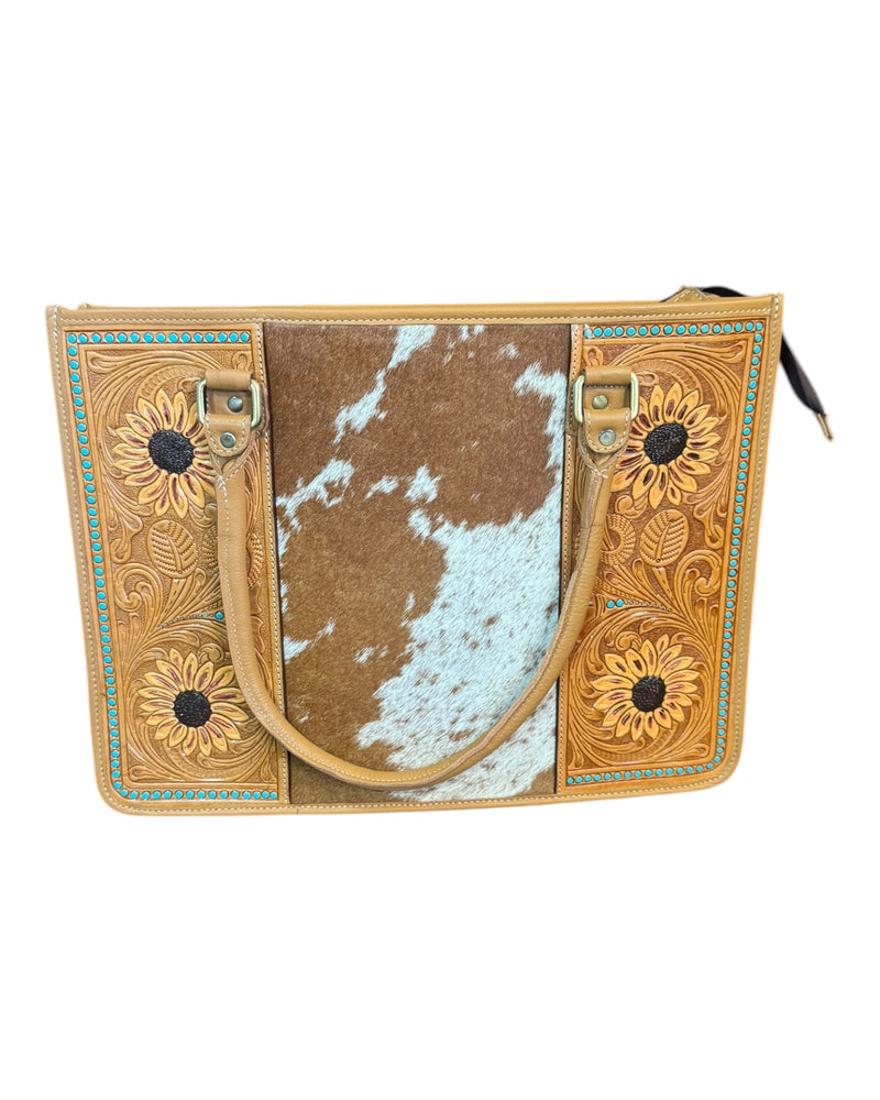 Cowhide Sunflower Tooling Leather Tote Bag