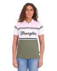 'Stephanie' Stripe Polo Shirt - Olive/Pink