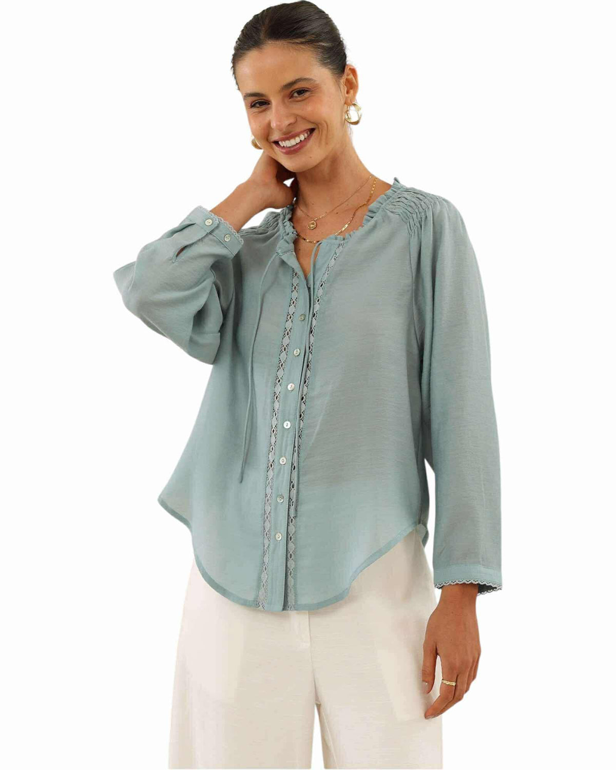 'Lilly' Embroidered Trim Top - Blue