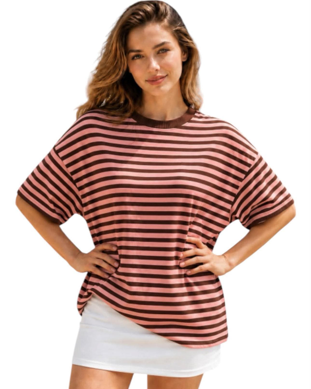 'Hayley' Stripe Tee - Choc/Pink