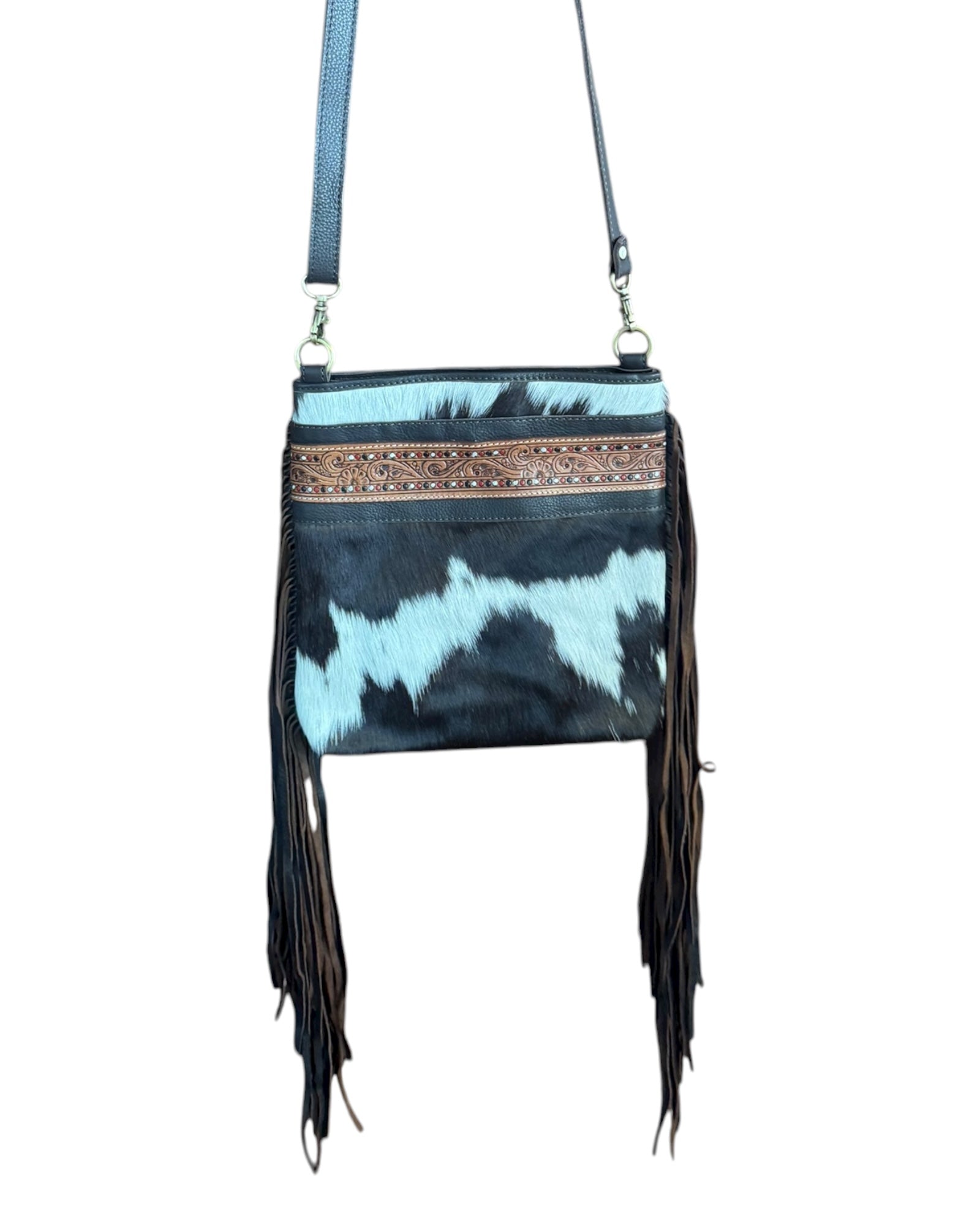 ‘Wellington’ Tooled Cowhide Tassel Bag - Brown