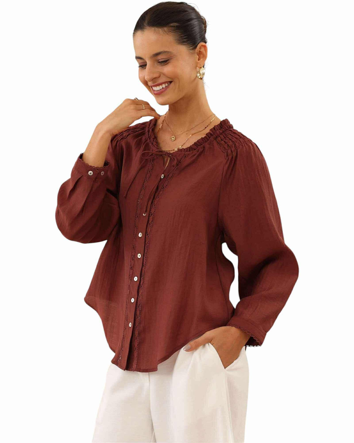 'Lilly' Embroidered Trim Top - Wine