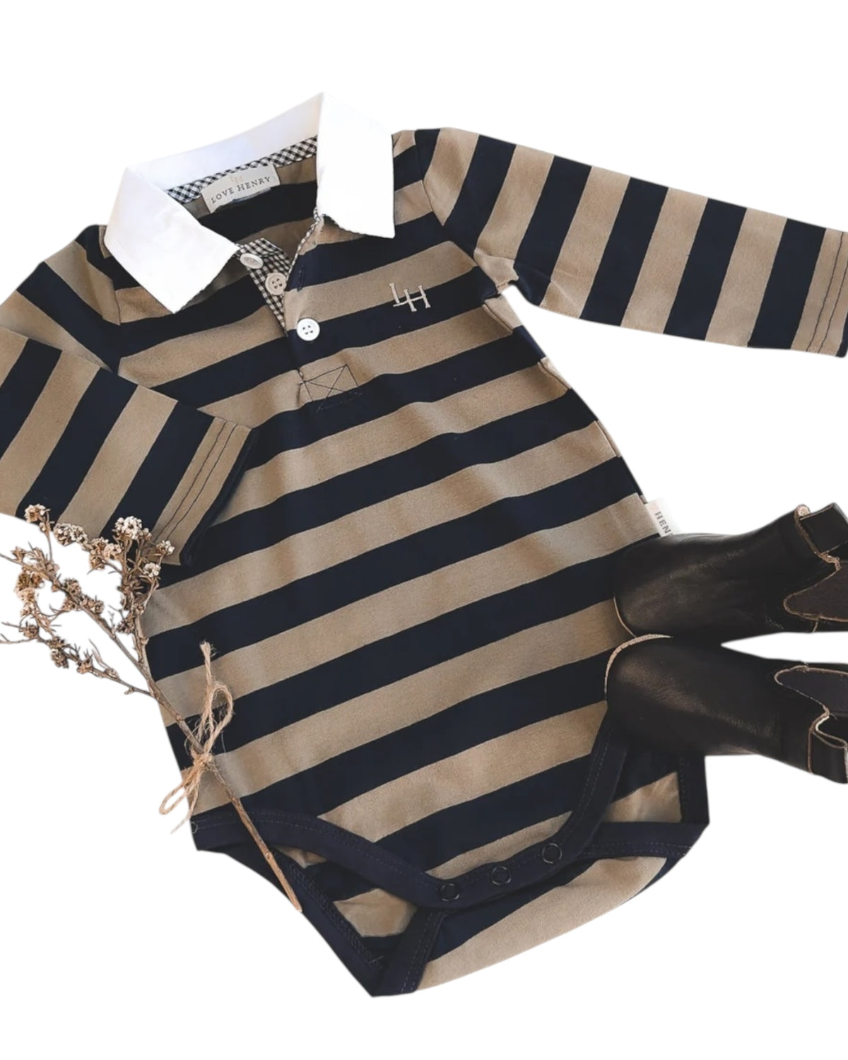 Baby Boys Polo Stripe Romper - Olive/Navy