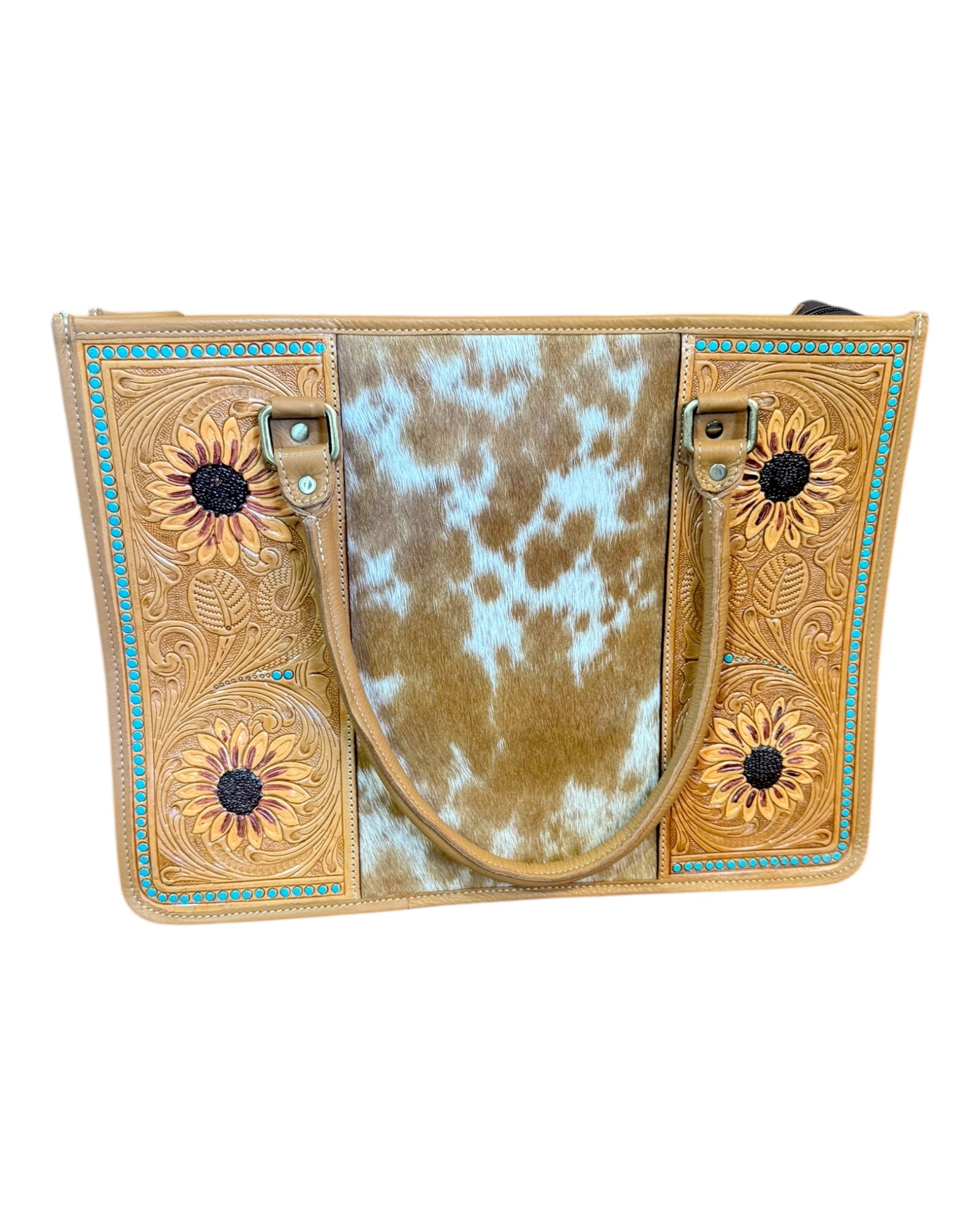 Cowhide Sunflower Tooling Leather Tote Bag