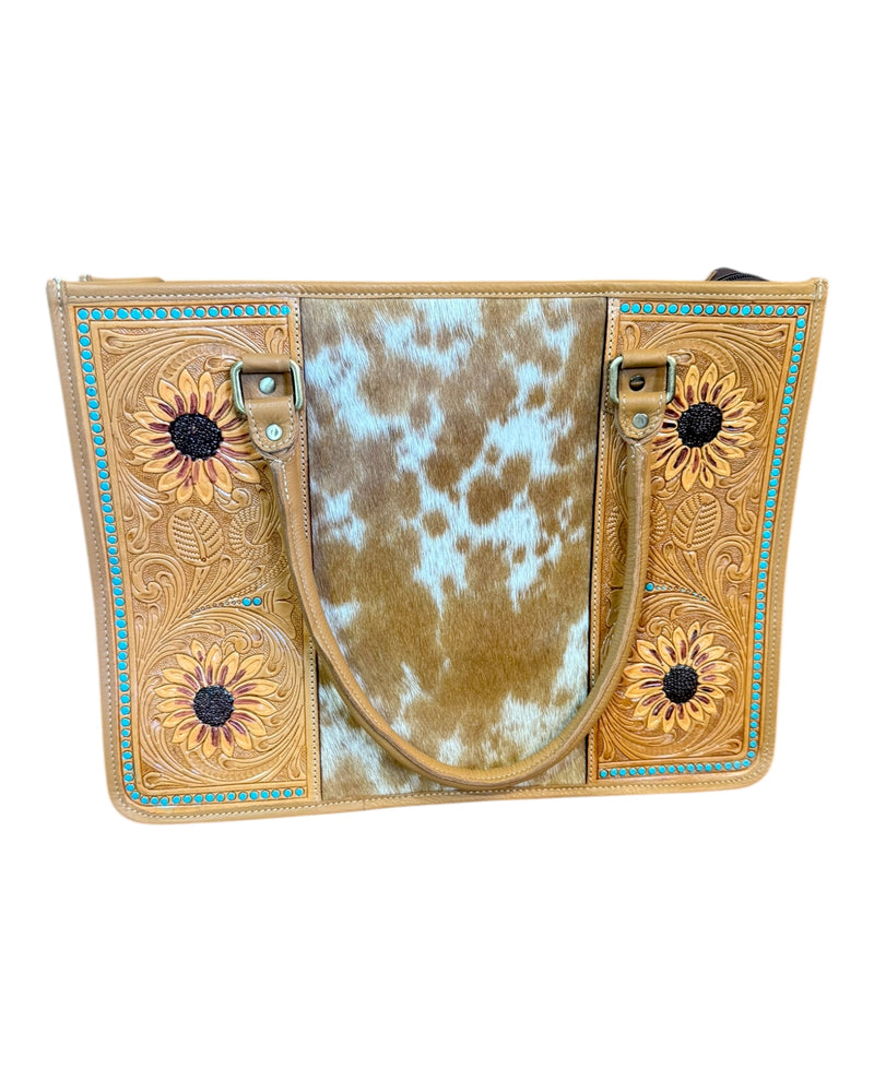 Cowhide Sunflower Tooling Leather Tote Bag