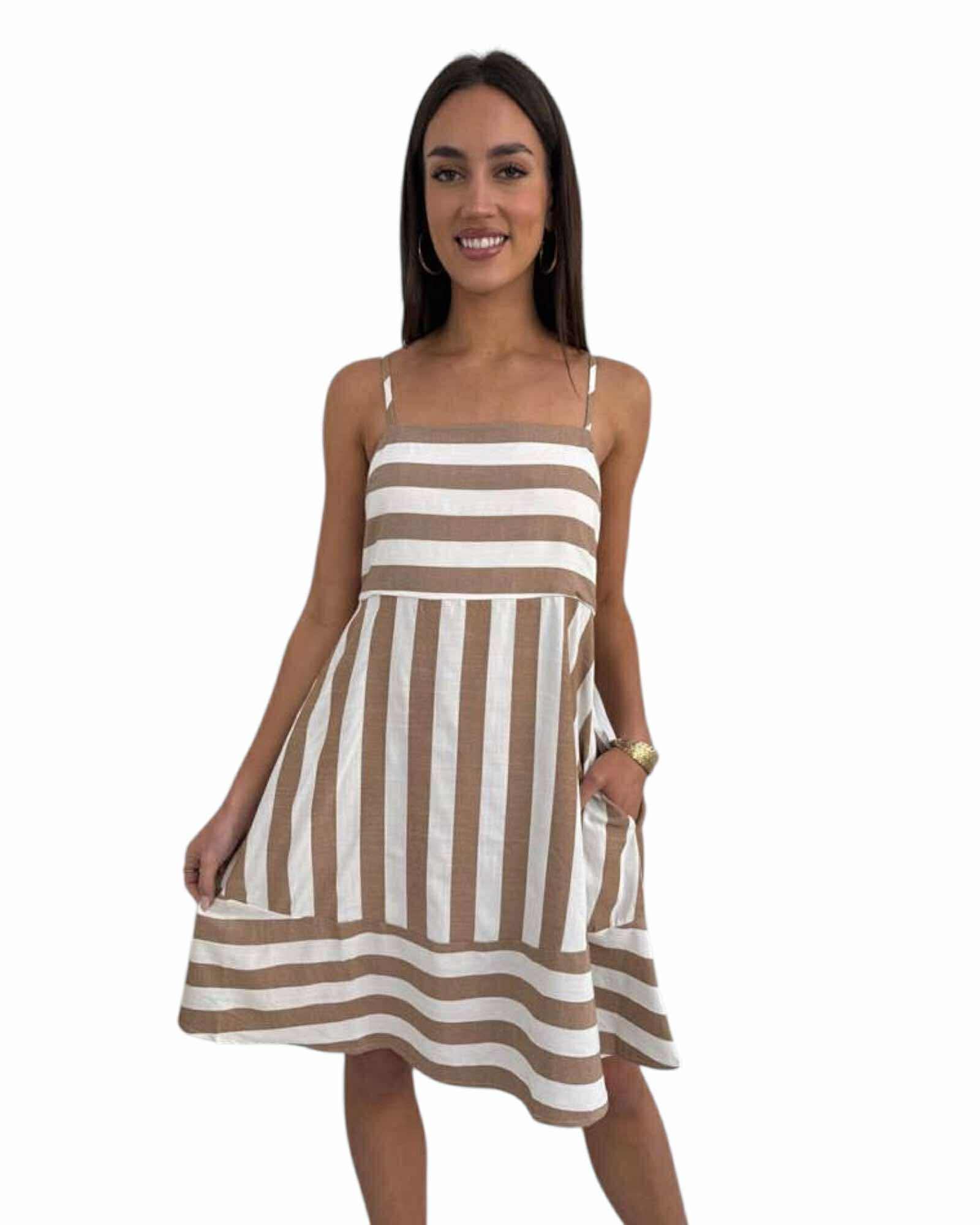 'Amelia' Stripe Dress - Brown