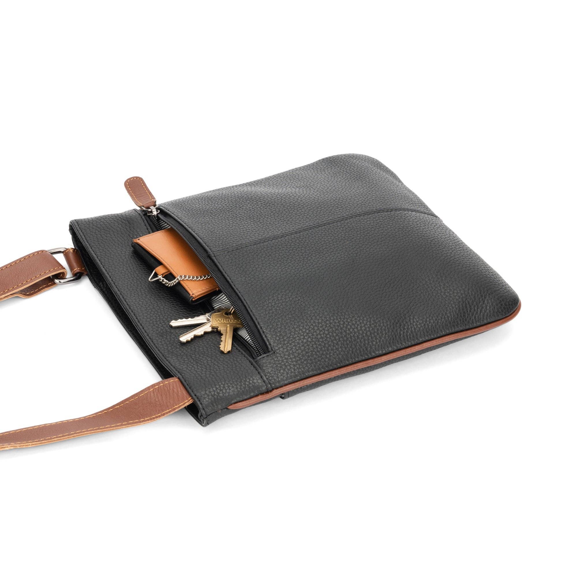 'Elsie' Crossbody Leather Bag - Black & Tan