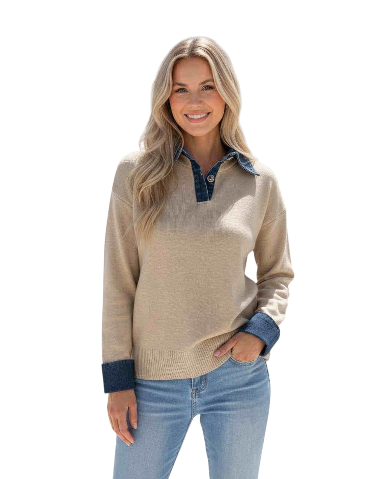 'Tahlia' Denim Collar/Cuff Knit - Taupe