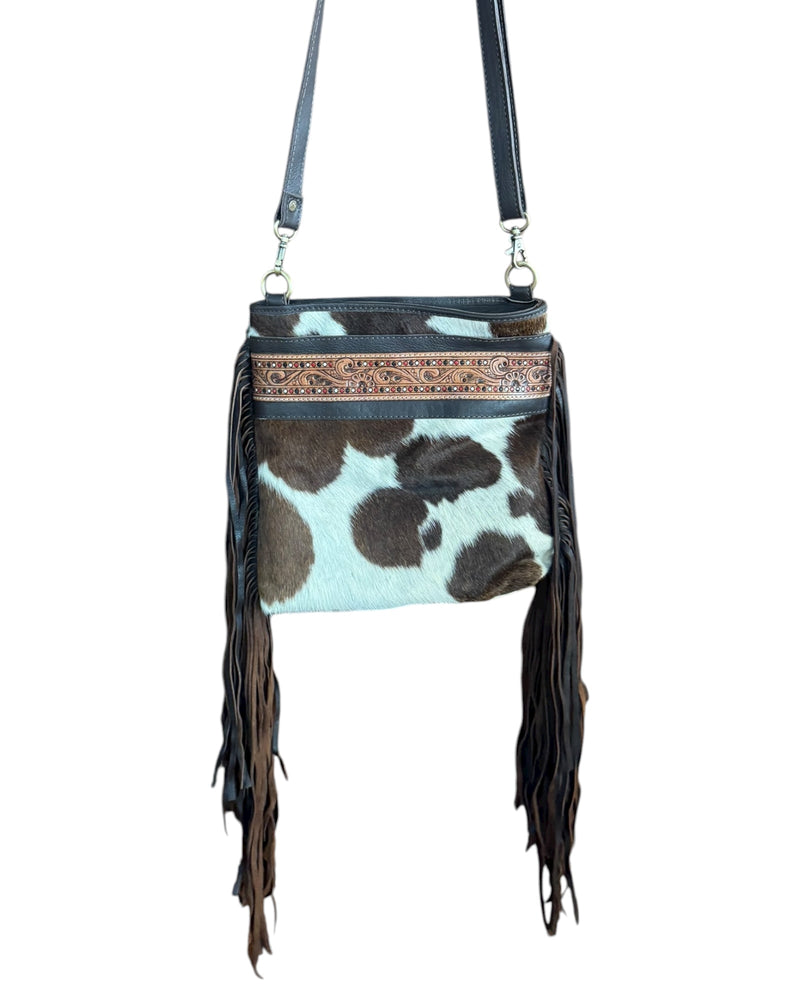 ‘Wellington’ Tooled Cowhide Tassel Bag - Brown