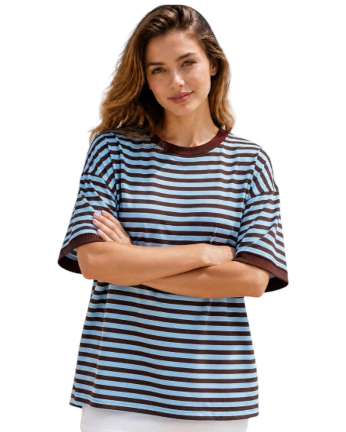 'Hayley' Stripe Tee - Choc/Blue