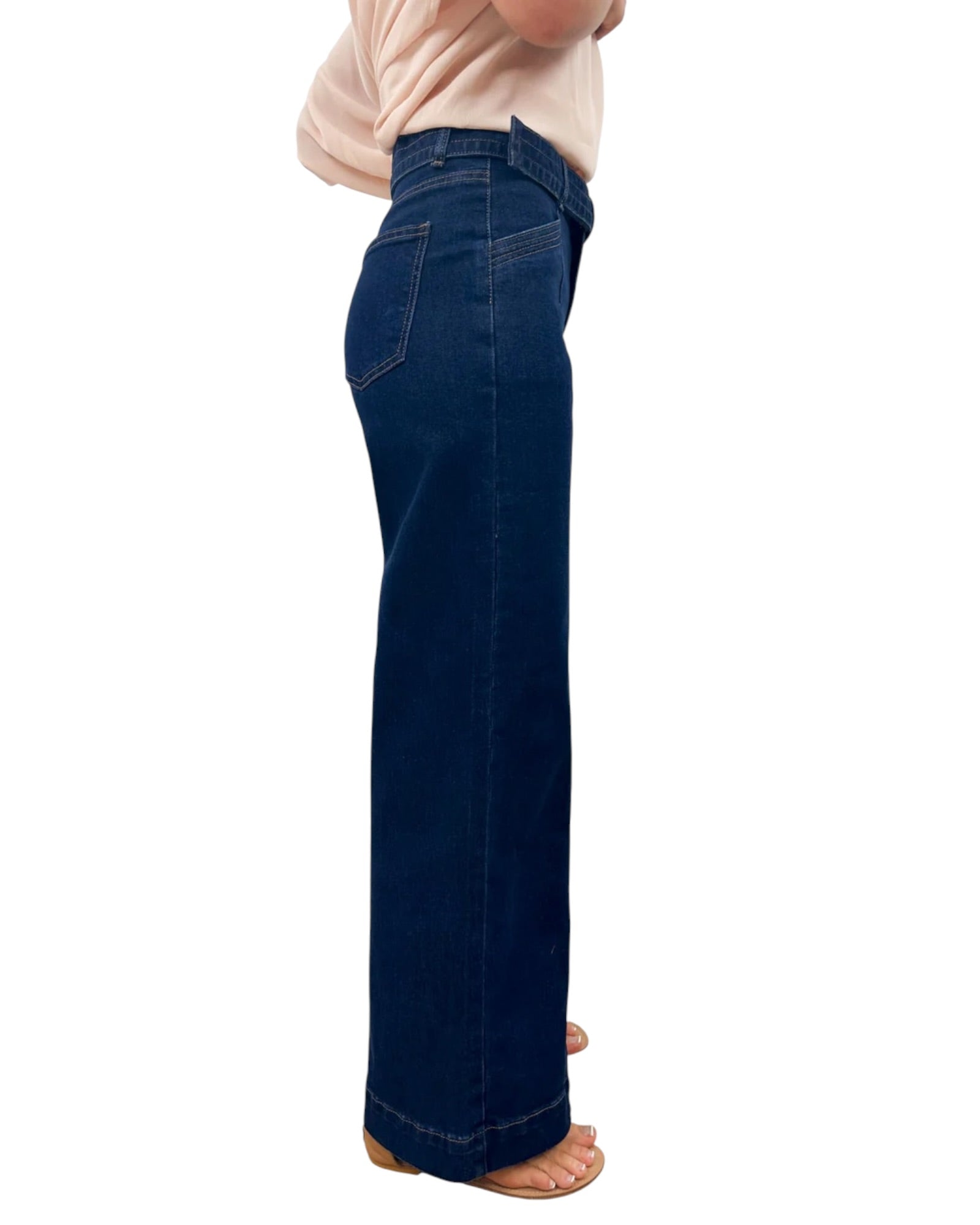 'Brooke' Front Seam Belted Straight Leg Jeans - Indigo