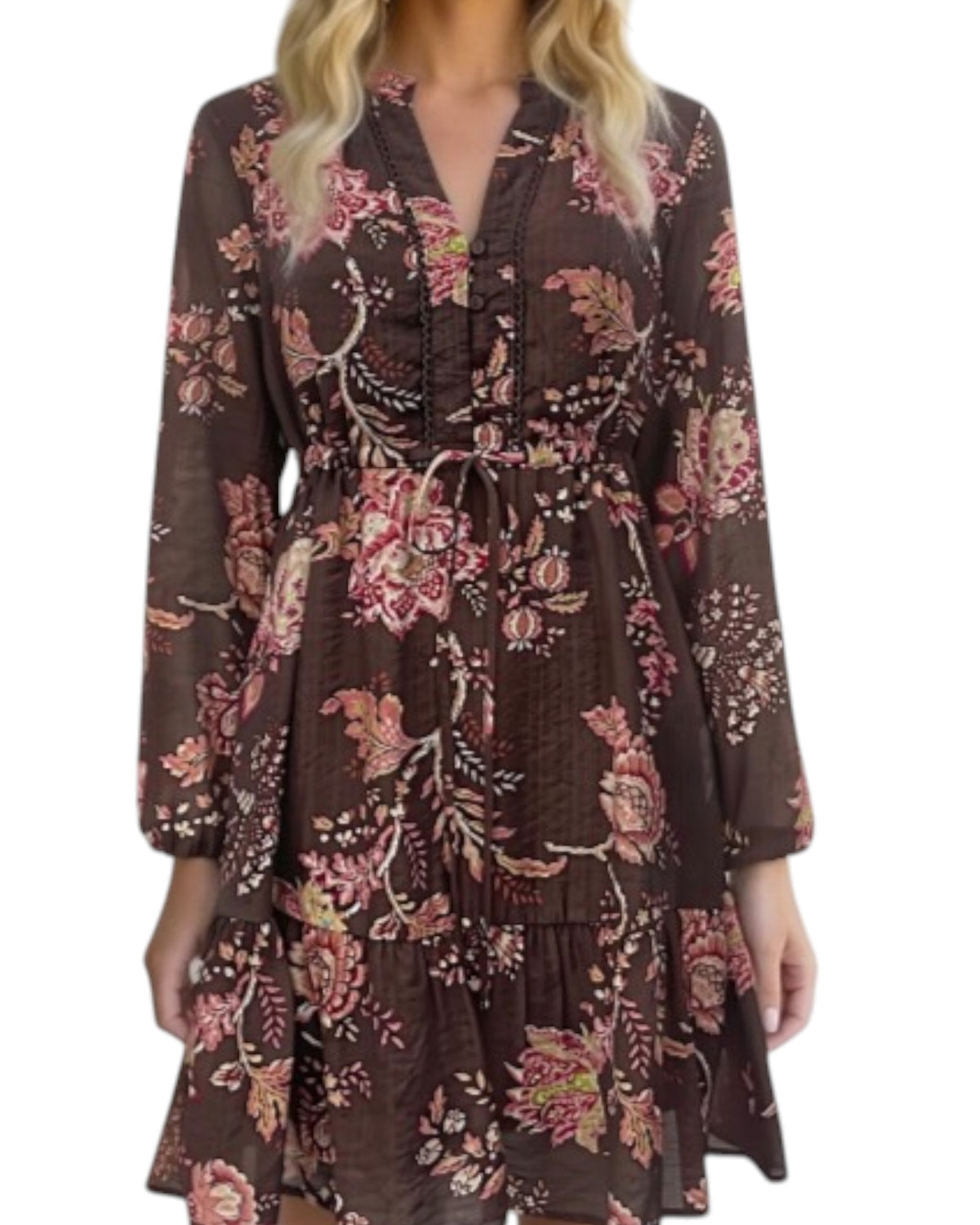 ‘Hannah' Floral Longsleeve Dress - Brown