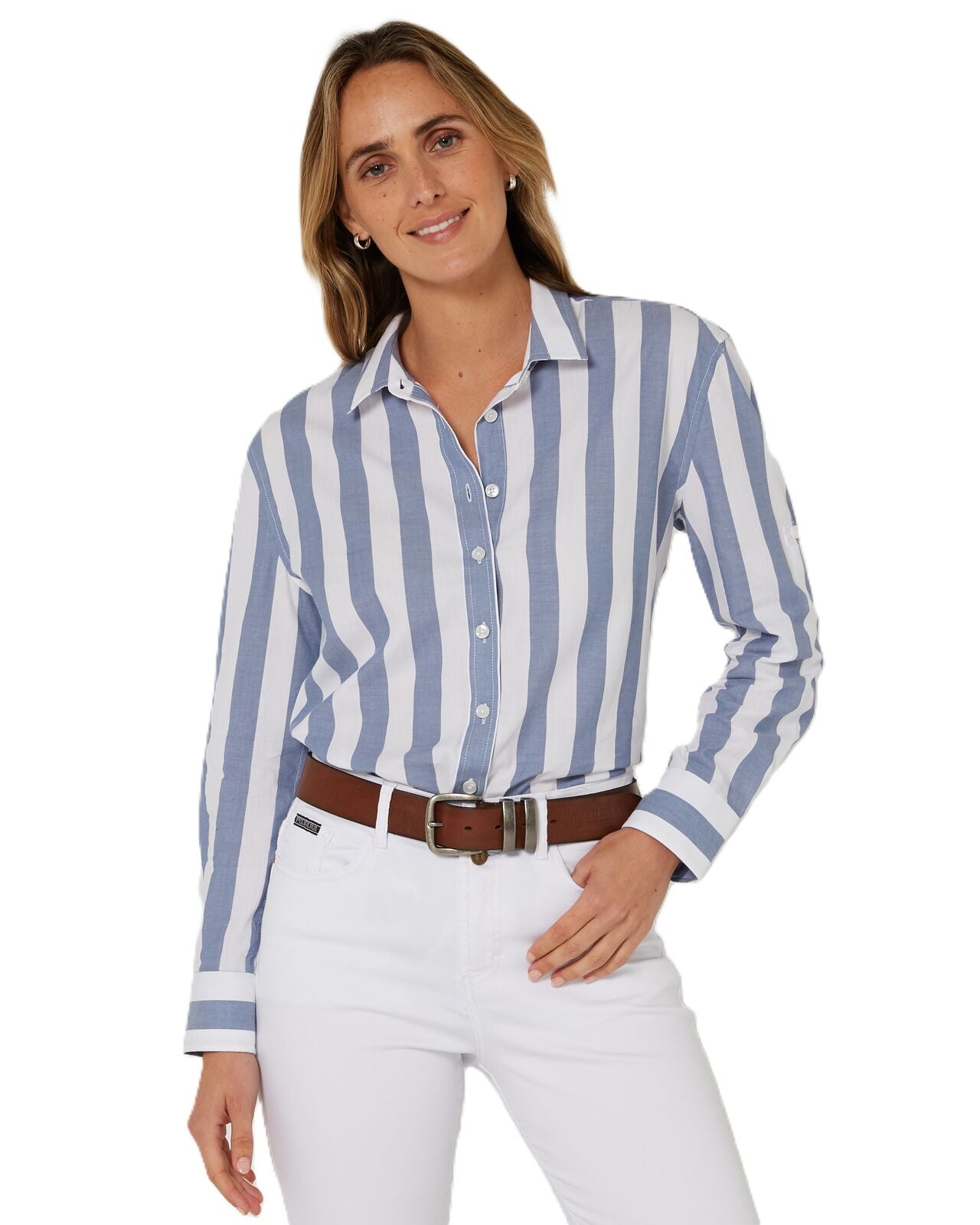 'Jacquelin' Classic Cotton L/S Shirt - Chambray Stripe