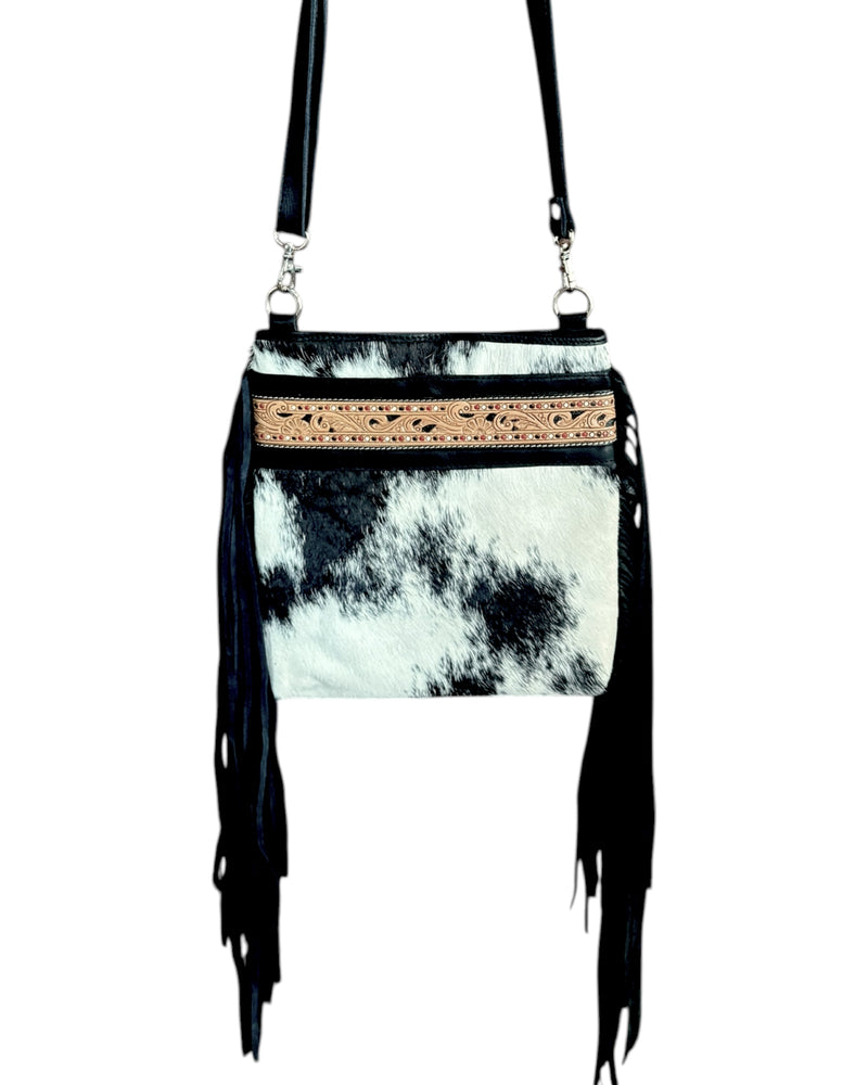 ‘Wellington’ Tooled Cowhide Tassel Bag - Black
