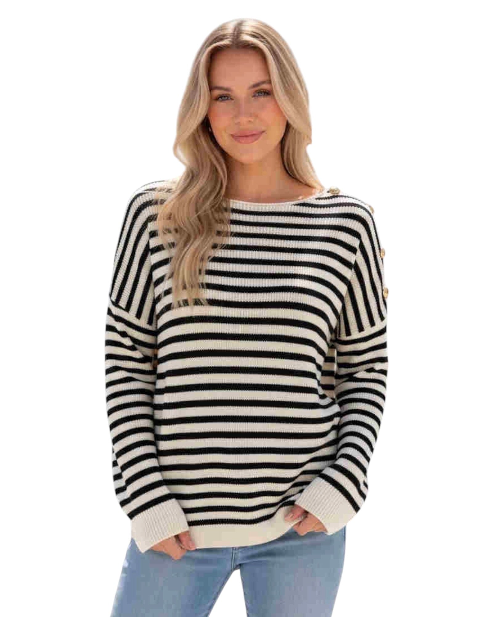 'Kara' Button Sleeve Knit - Black/Beige