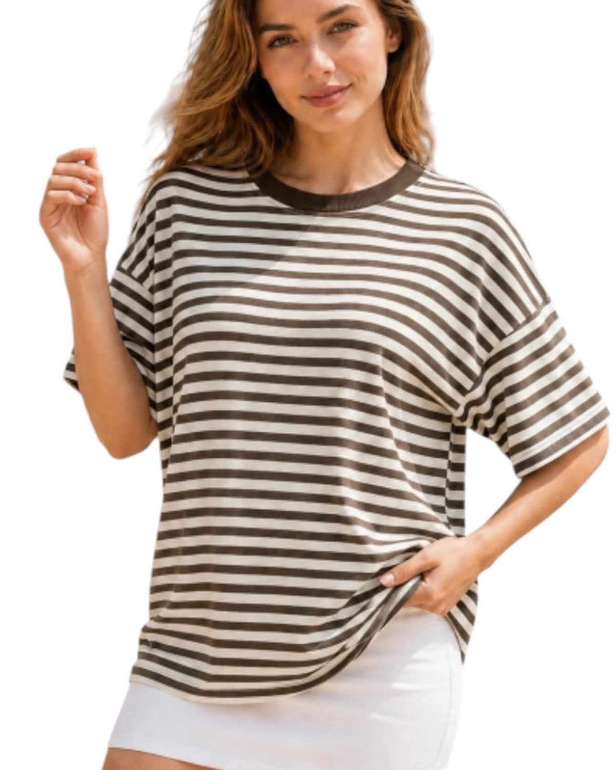 'Hayley' Stripe Tee - Choc/Cream