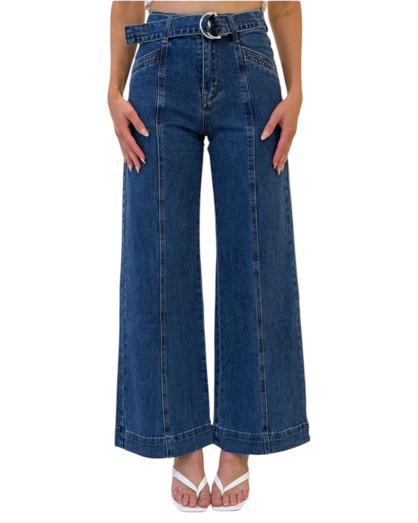 'Brooke' Front Seam Belted Straight Leg Jeans