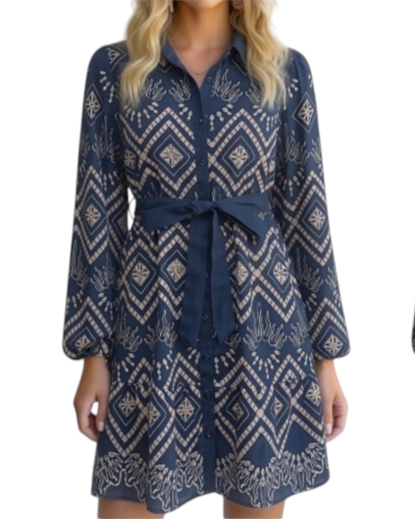 ‘Clara' Geo Longsleeve Dress - Blue