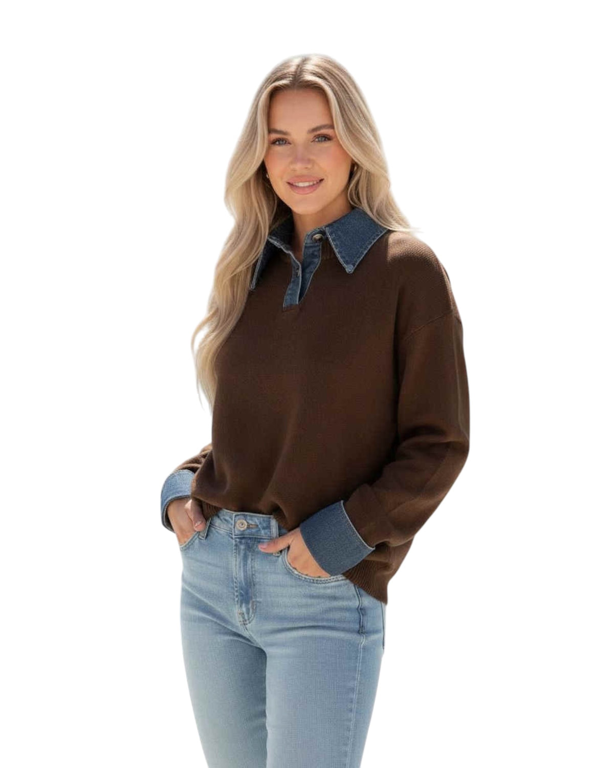 'Tahlia' Denim Collar/Cuff Knit - Coffee