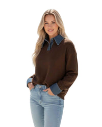 'Tahlia' Denim Collar/Cuff Knit - Coffee