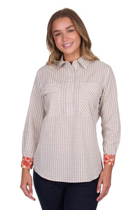 'Sara' Half Placket Long Sleeve Shirt - Natural Gingham