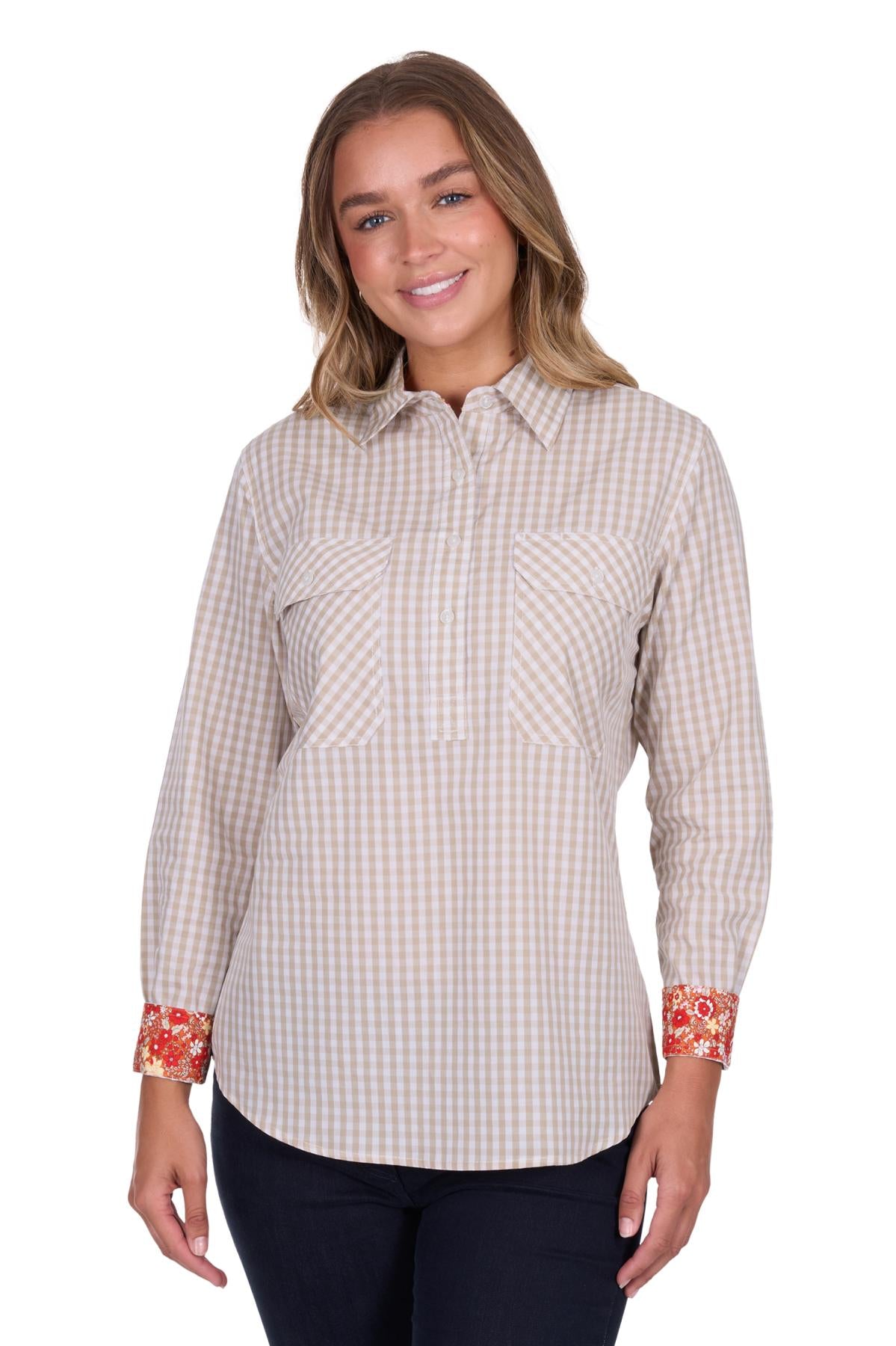 'Sara' Half Placket Long Sleeve Shirt - Natural Gingham