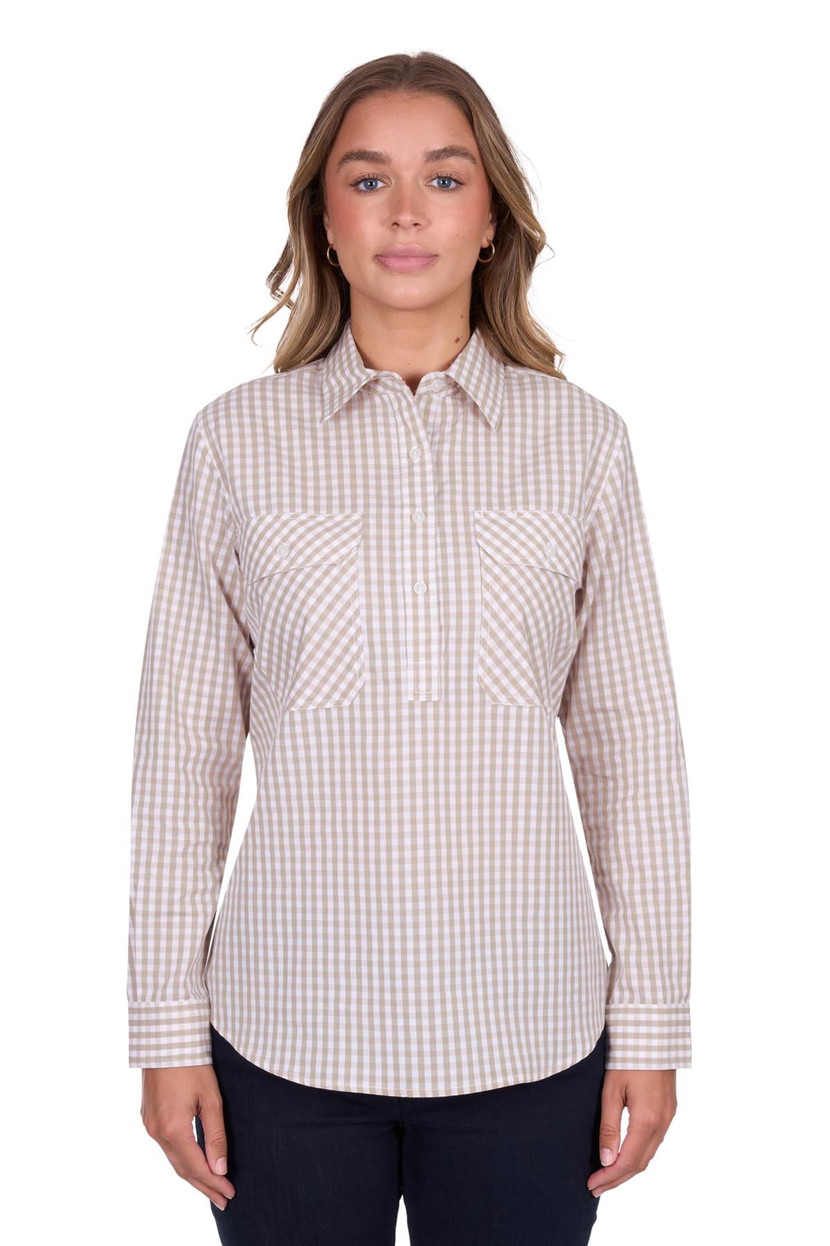 'Sara' Half Placket Long Sleeve Shirt - Natural Gingham