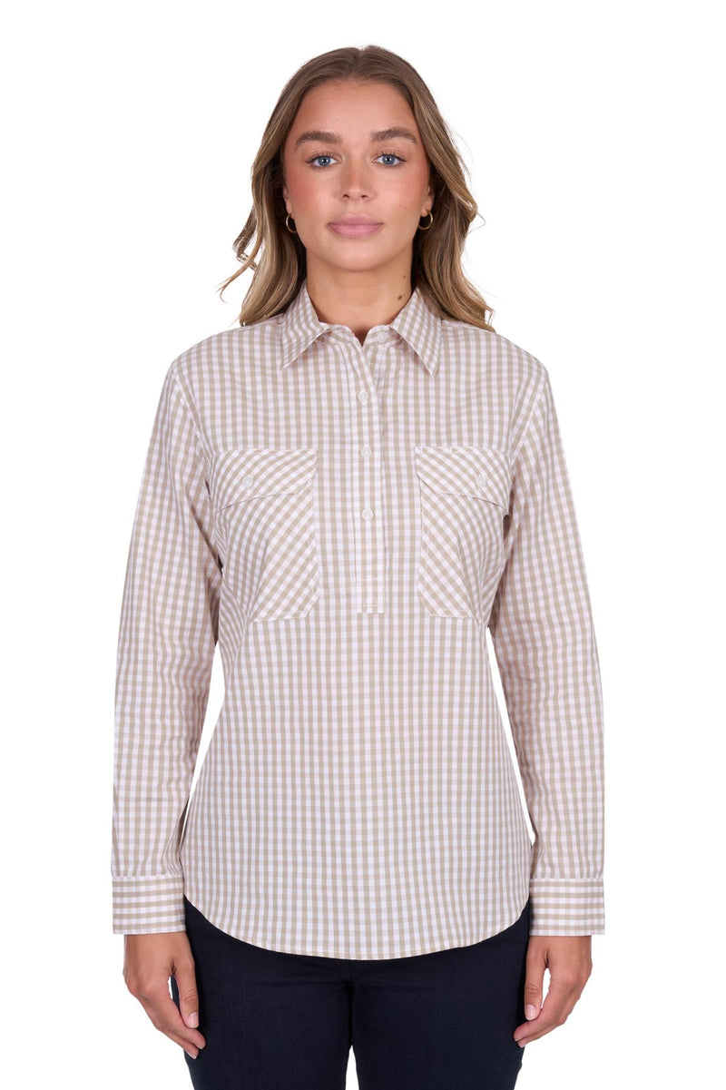 'Sara' Half Placket Long Sleeve Shirt - Natural Gingham