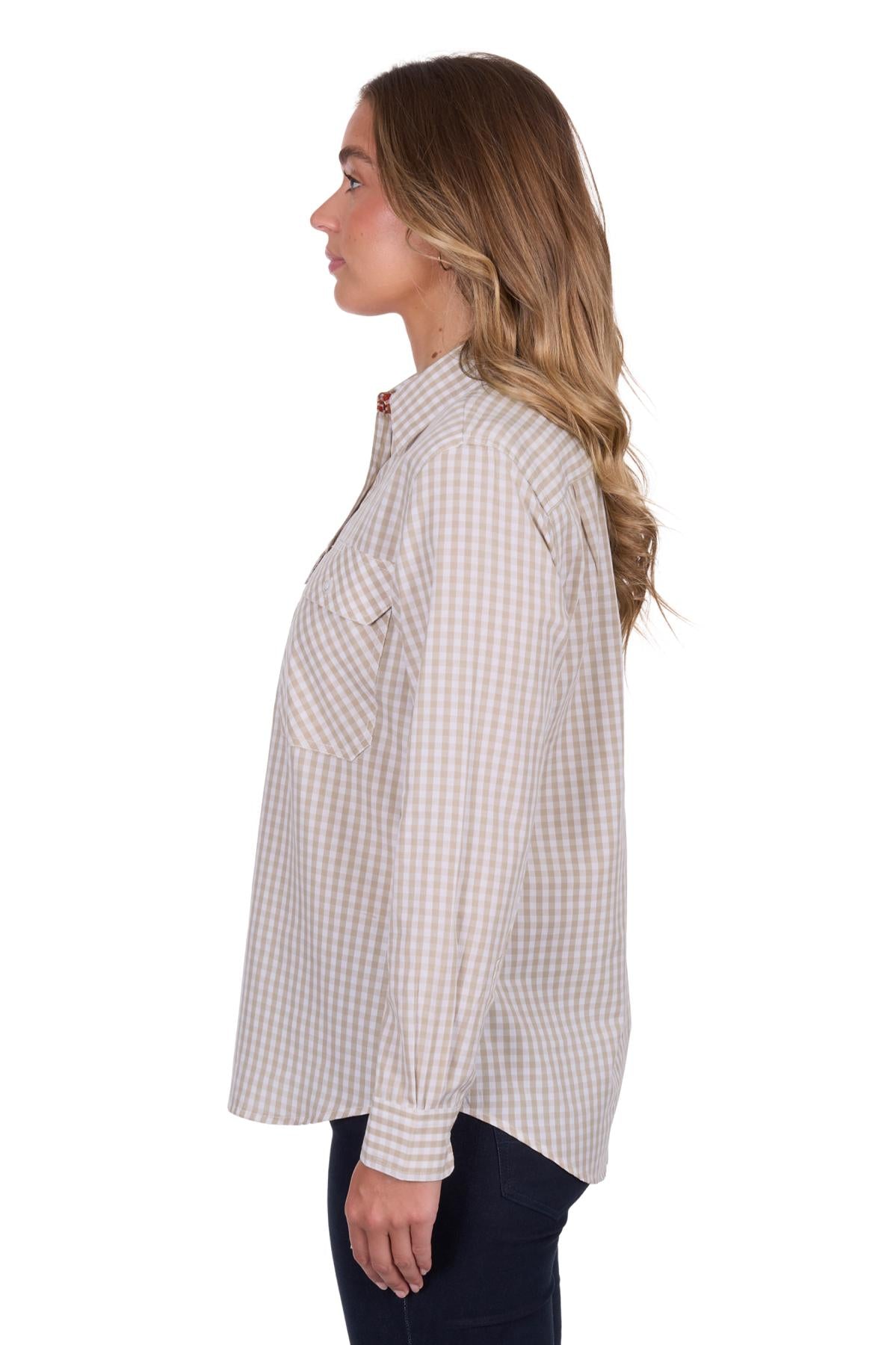 'Sara' Half Placket Long Sleeve Shirt - Natural Gingham