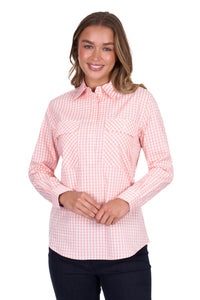 'Jen' Half Placket Long Sleeve Shirt - Coral Gingham