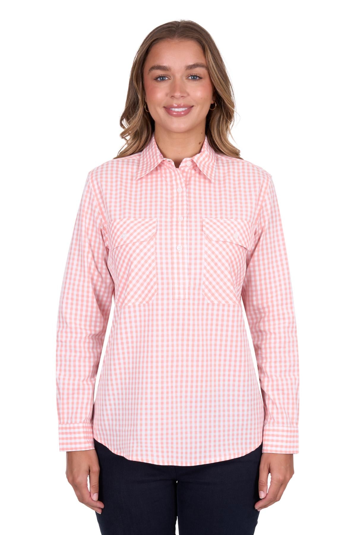 'Jen' Half Placket Long Sleeve Shirt - Coral Gingham