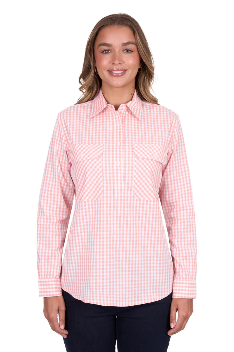 'Jen' Half Placket Long Sleeve Shirt - Coral Gingham