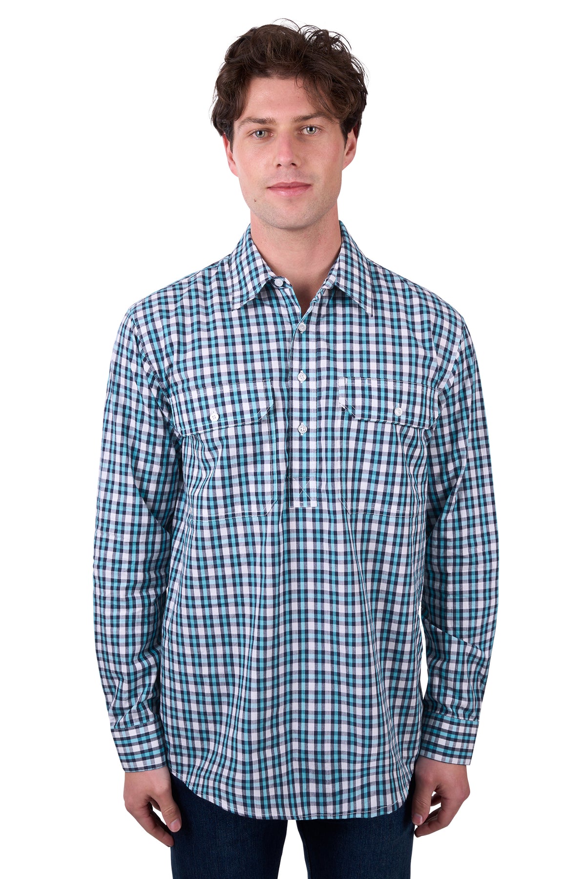 'Rui' Half Placket Long Sleeve Shirt - Teal/Navy