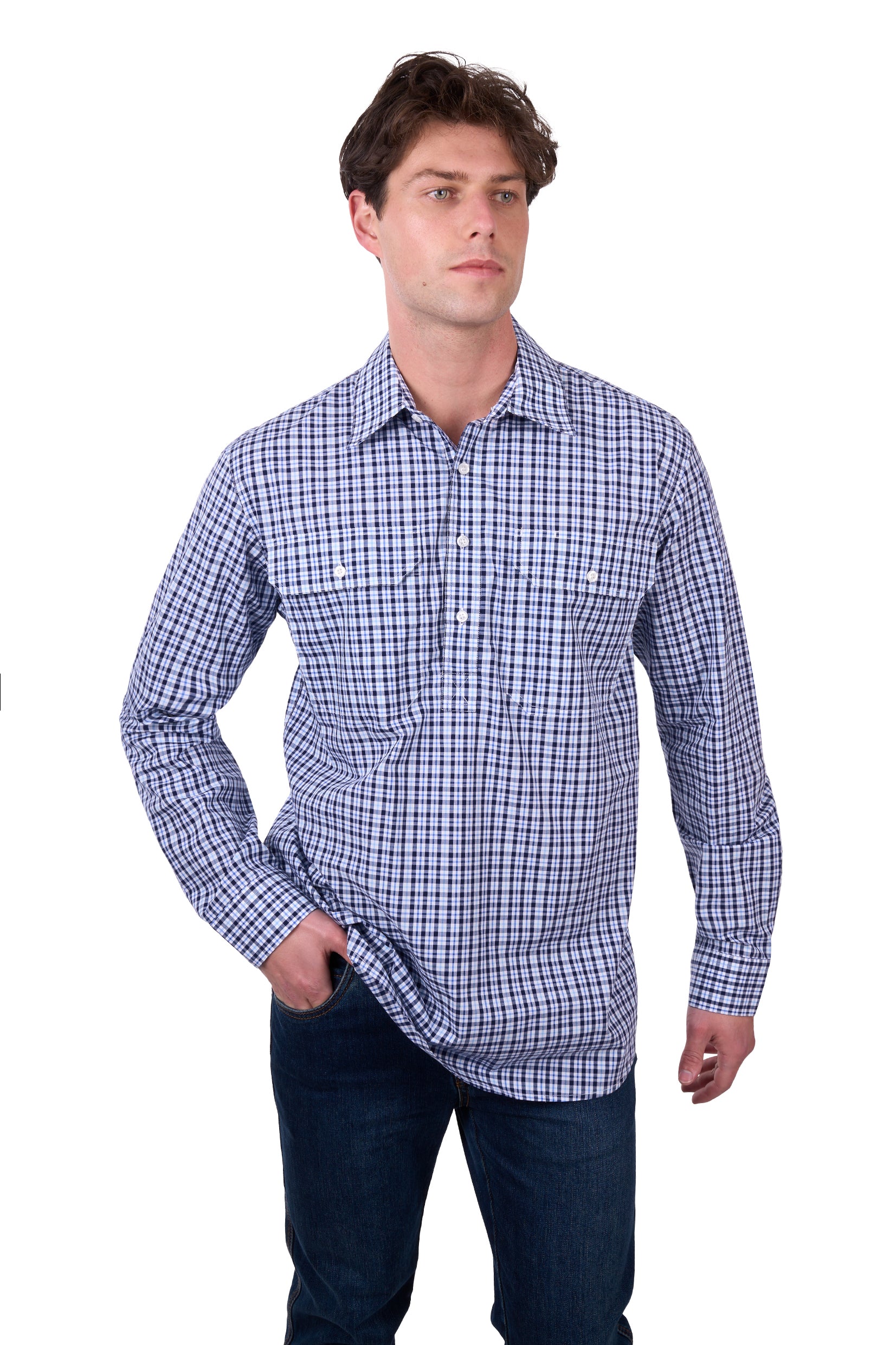 'Coney' Half Placket Long Sleeve Shirt - Navy