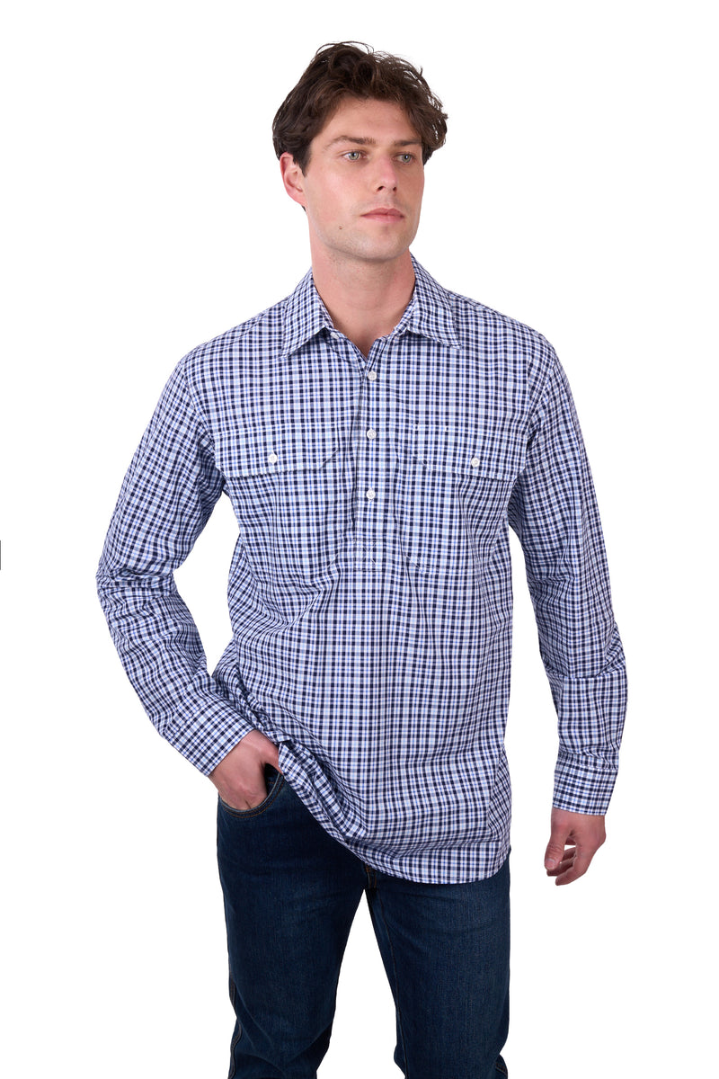 'Coney' Half Placket Long Sleeve Shirt - Navy