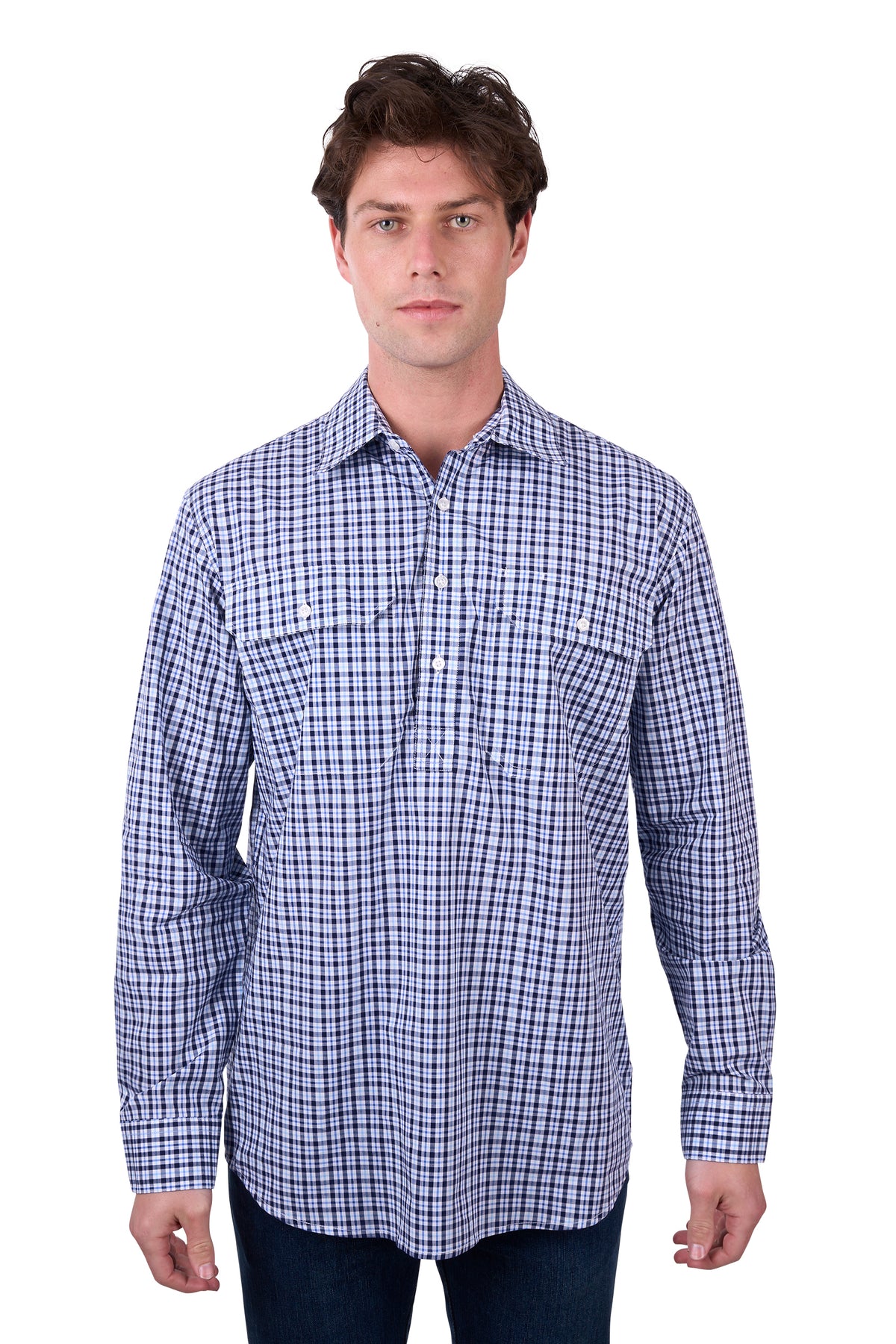 'Coney' Half Placket Long Sleeve Shirt - Navy