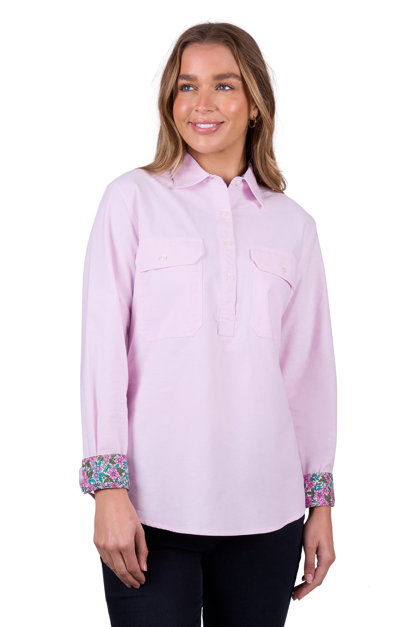 'Milly' Half Placket Long Sleeve Shirt - Pale Pink