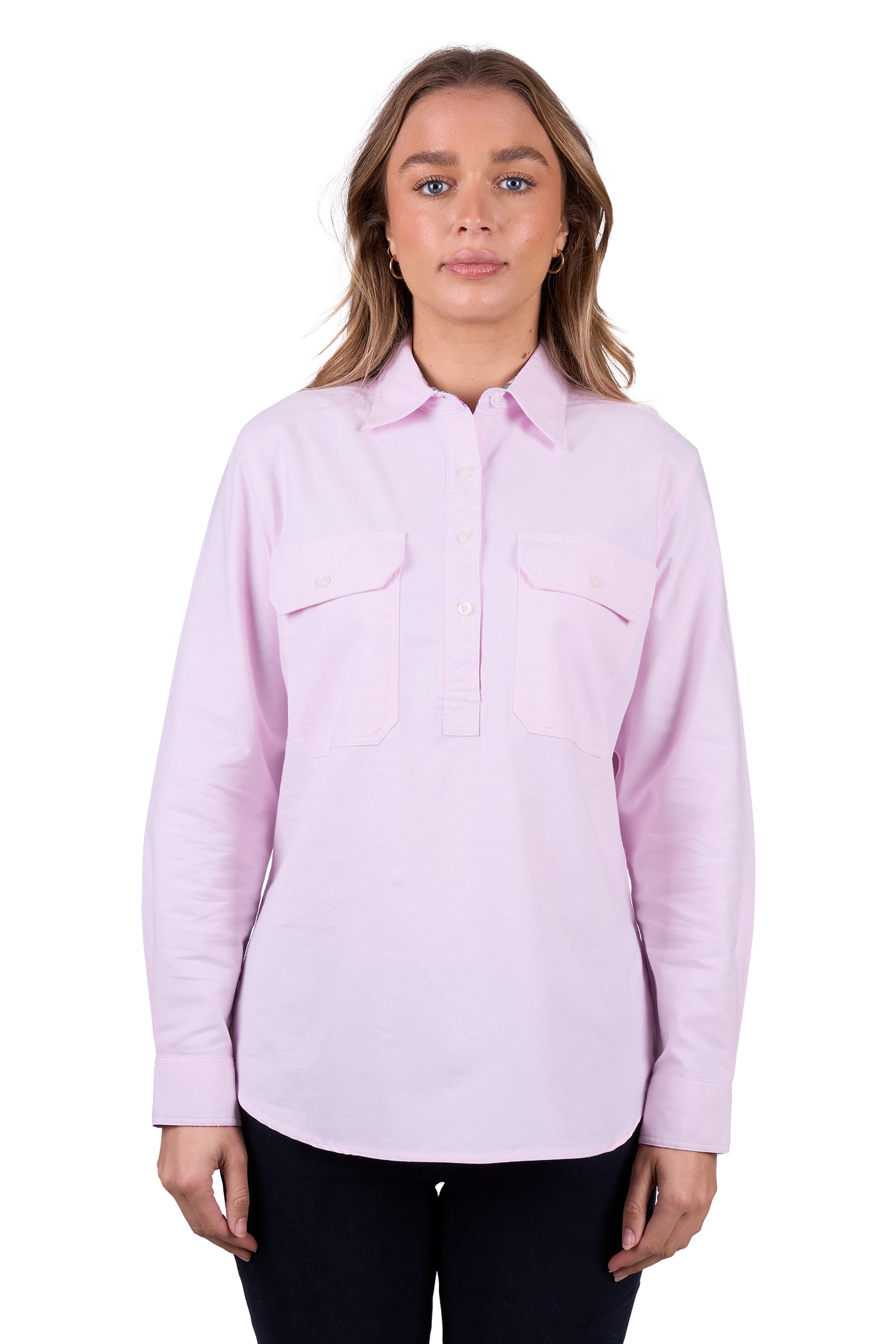 'Milly' Half Placket Long Sleeve Shirt - Pale Pink