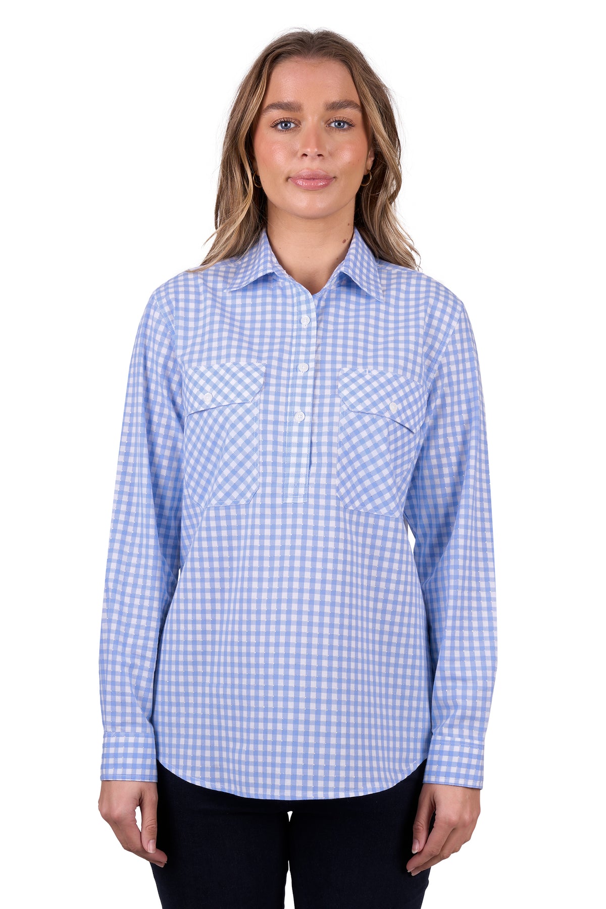 'Rux' Half Placket Long Sleeve Shirt - Blue Gingham