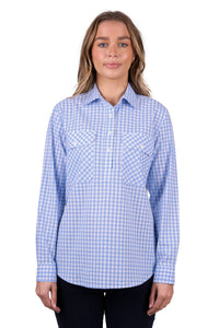 'Rux' Half Placket Long Sleeve Shirt - Blue Gingham