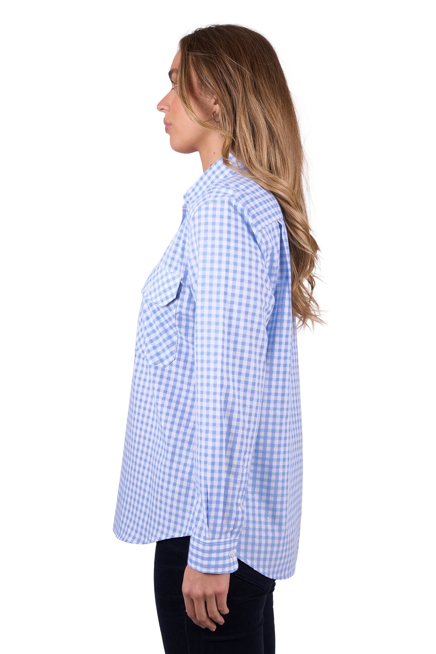 'Rux' Half Placket Long Sleeve Shirt - Blue Gingham