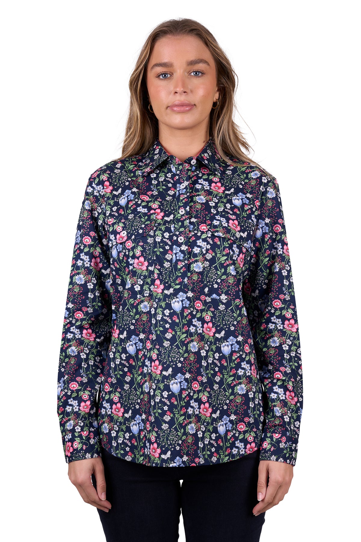 'Raya' Half Placket Long Sleeve Shirt - Navy Floral
