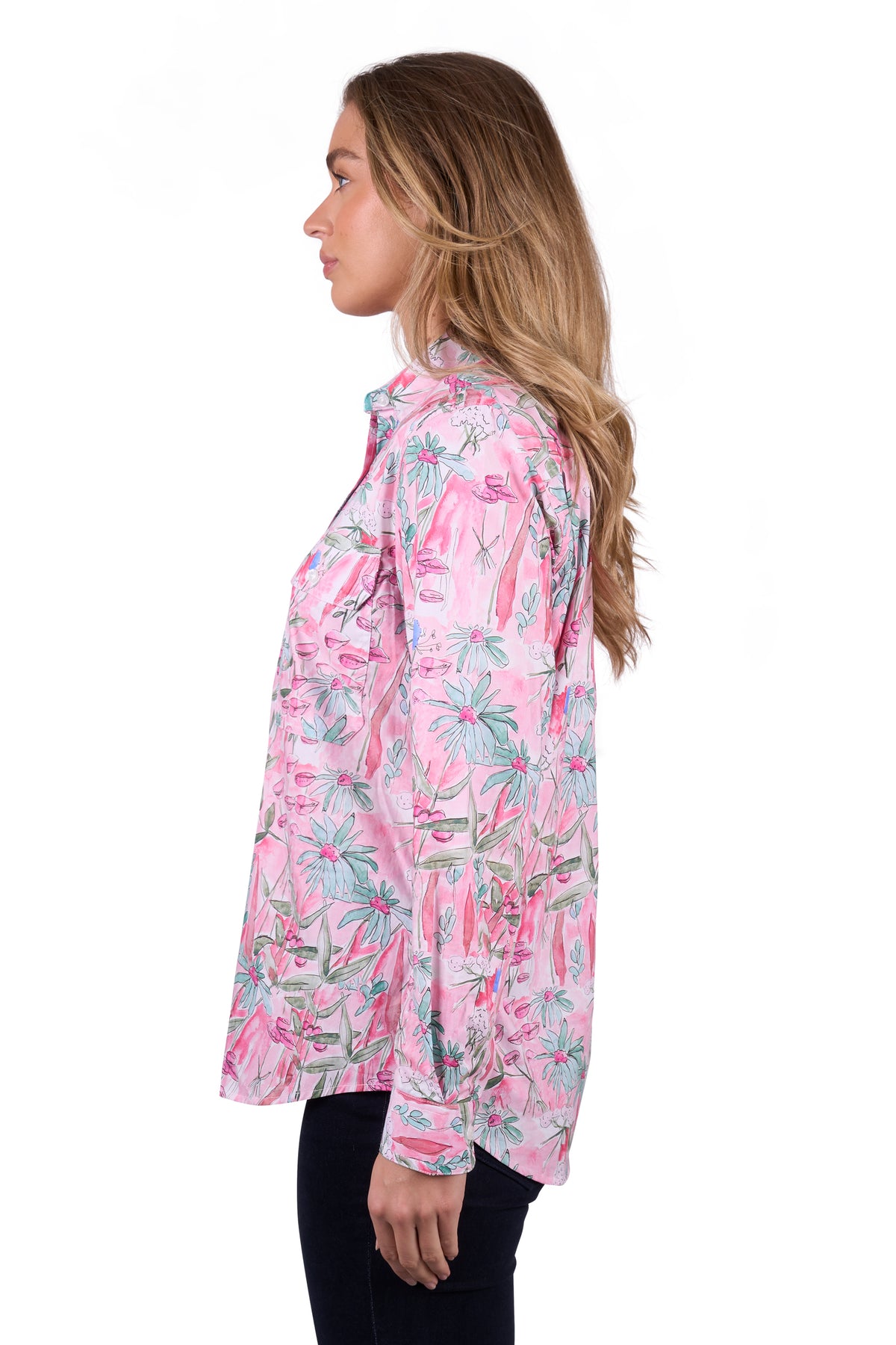 'Mill' Half Placket Long Sleeve Shirt - Pink Floral