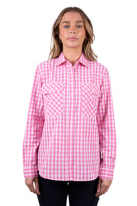 'Melly' Half Placket Long Sleeve Shirt - Pink Gingham