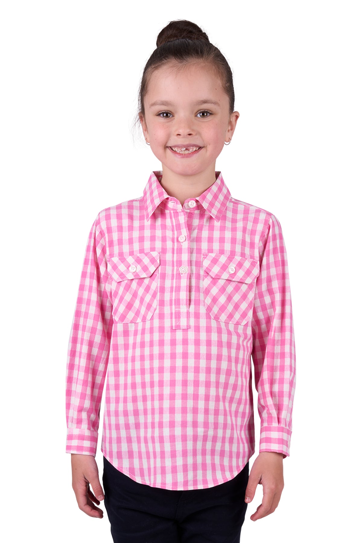 'Melly' Half Button Longsleeve Shirt - Pink Gingham